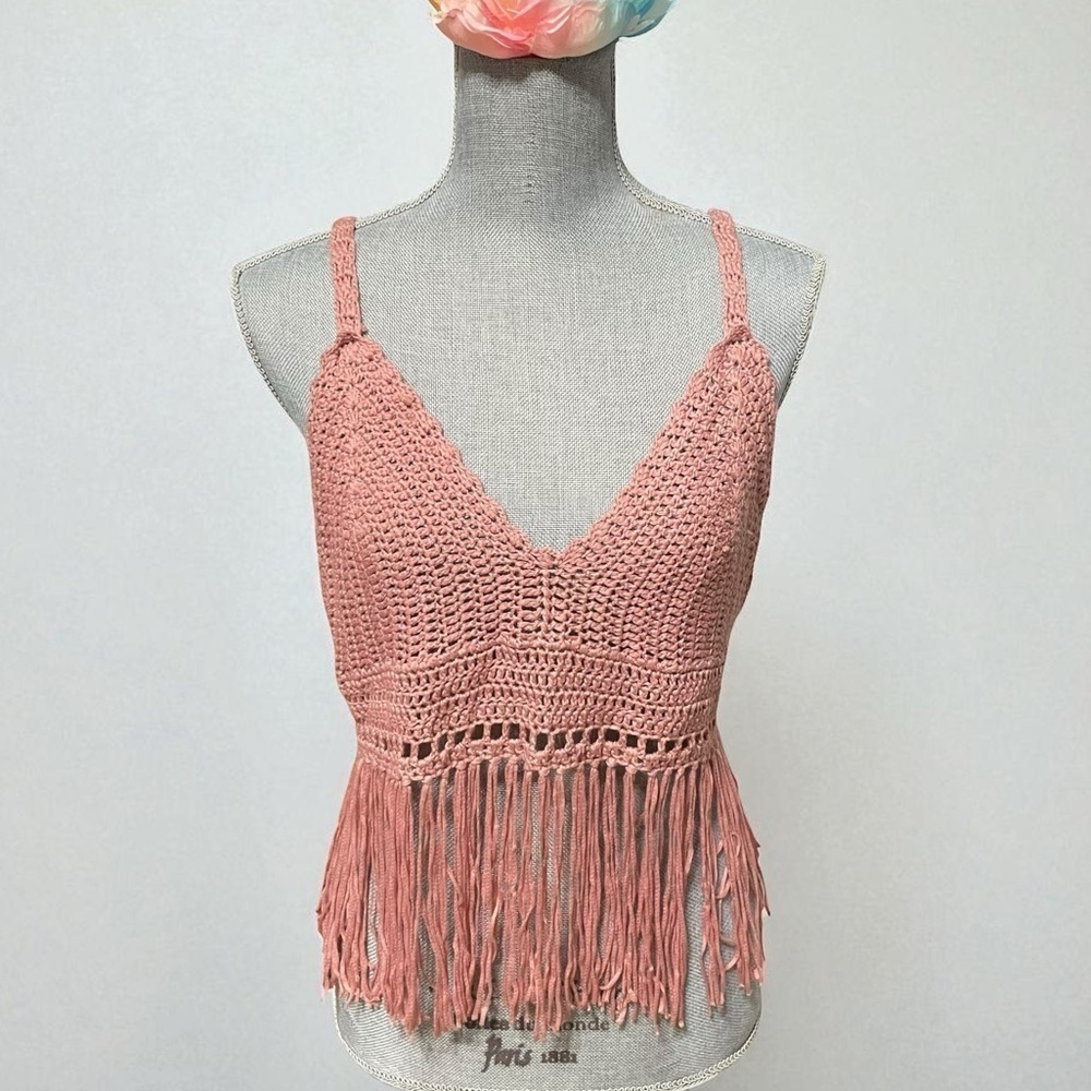 POL Crochet Fringe Crop Top Bralette – Boho Festival Tank, Dusty Rose Pink, Sz L - Picture 2 of 14